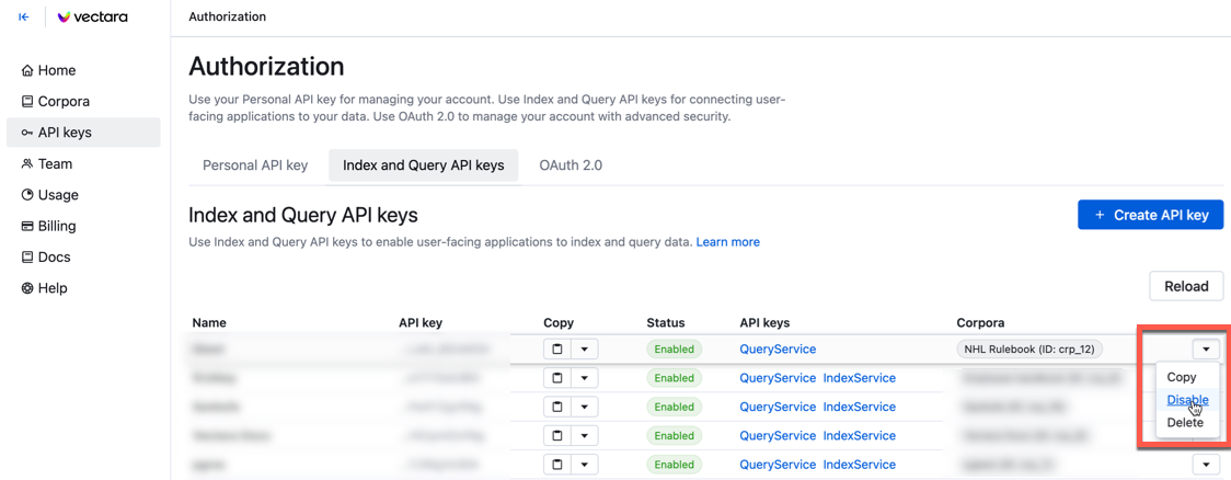 Disable IndexService or QueryService API Key