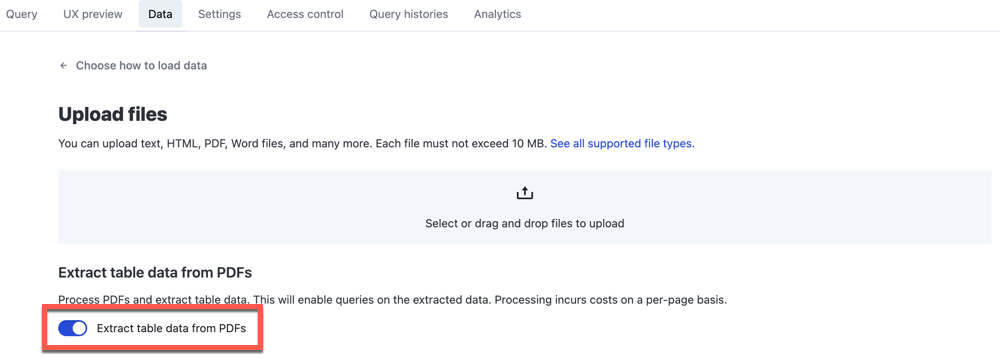 Extract table data from PDFs toggle